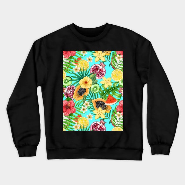 Tropical mix-fruit, flowers and leaves on blue Crewneck Sweatshirt by katerinamk